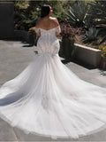 Runhufu V-neck Mermaid Wedding Dress Plus Size Off The Shoulder Backless robe de mariee Applique Train Bridal Gown vestidos