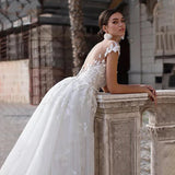 Runhufu 2 In 1 Wedding Dress Tulle Scoop Cap Sleeves Backless Lace Appliques Bridal Gowns With Detachable Train свадебное платье