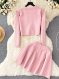 Runhufu Japan Style Pearls Knit Suits Hidden Breasted Pockets Cardigan+Mini Pleated A Line Skirt Women Sweet Streetwear Sets