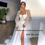 Runhufu Tulle A Line Wedding Dresses Long Sleeve Sweethart Sexy Corset Boho Bridal Gowns with Slit Beach Bride Dress with Train