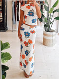 Runhufu Floral 2Pieces Dress Sets Summer Women Top Skirt Suits Elegant Fashion Backless Short Sleeve T-shirts+Wrap Long Skirts