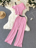 Runhufu Vacation Casual Sports Suits Summer Off Shoulder Short Camis Tops+High Waist Wide Leg Pants Women Y2K Two Pieces Sets