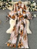 Runhufu American Fashion Senior Suits Bow Collar Batwing Sleeve Top+Pleated Long Pant 2024 Women Casual Loose Printed Sets
