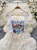 Runhufu Hotsweet Graffiti Crop Tops Strap Backless Lace Up 2024 American Streetwear Slim Fit Bodycon Cartoon Y2k Mini Camis