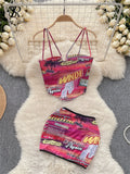 Runhufu American Retro Hotsweet Print Suits Women Spaghetti Strap Strapless Backless Camis+ Skinny Mini Skirt Two Pieces Sets
