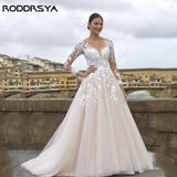 Runhufu O-Neck Long Sleeves Wedding Dress A-Line Tulle Illusion Back Bride Gowns Applique Custom Made Elegant Vestidos De Novia