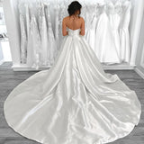 Runhufu White A-Line Wedding Dresses Sweetheart Satin Side Slit Bridal Gowns Boho Beach Sweep Train Wedding Prom Gowns Custom Size