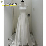 Runhufu Strapless Satin Plus Size Wedding Dress Sleeveless Lace Up Simple Bridal Dress Floor-length Small Train Vestido De Noiva