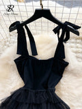Runhufu Women Gentle A Line Sundress Lace Up Tank Backless Solid Mesh Patchwork Senior Elegant Evenning Party Long Cake Dress