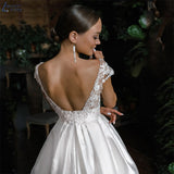 Runhufu Satin Wedding Dresses Elegant Applique 3D Flroal Cap Sleeves Bridal Gowns Backless Side Slit Vestido De Novia For Bride