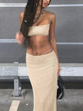 Runhufu Summer Women Two Piece Matching Sets One-Shoulder Straps Crop Tube Tops+Long Fishnet Skirts Party Street Beach Suits