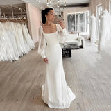 Runhufu Ivory Sheath Wedding Bride Dresses Puff Long Sleeve Square Bridal Gowns Sweep Train Women Formal Party Wedding Dress