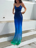 Runhufu Blue Gradient Print Summer Long Dress Women's Spaghetti Strap Cowl-Neck Wrapped Long Dress Party Beach Evening Vestidos