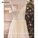 Runhufu Spaghetti Straps Champagne Boho Wedding Dress For Women Vestido Civil Bridal Church Wedding Gowns suknie slubne