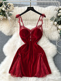 Runhufu Strap Sexy Velvet Dress Fashion Senior Pearls Sleeveless Slim Women Lace Hollow out Backless High Quality Mini Dress