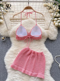 Runhufu Strawberry Sweet Beach Two Pieces Sets Halter Backless Camis+Short Skirts Fashion Hook Flower Hollow Out Beach Suits