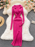 Runhufu Women Korean Knitted Dress Long Sleeve V Neck Elastic Slim Pencil Dresses 2024 Autumn Sexy Bodycon Split Sweater Dress