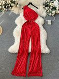 Runhufu American Retro Sequin Jumpsuit Diagonal Collar Solid Long Wide Legs Pants Romper Elegant Backless Sexy Party Jumpsuits