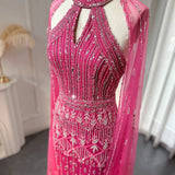 Runhufu Said Luxury Dubai Mermaid Pink Evening Dresses with Cape Sleeves 2024 Arabic Women Wedding Guest Formal Party Gowns SS361