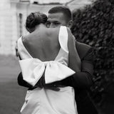 Runhufu Short Mini Satin V Neck Bridal Gown Large Bow Open Back Sleeveless Above Knee Length Wedding Party Dress