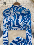 Runhufu Fashion Zebra Print Sexy Suits 2024 Stand Collar Long Sleeves Short Top+Bodycon Mini Skirt Sensual Beach Slim Sets
