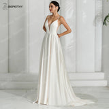 Runhufu Simple Satin Ivory V Neck Wedding Dresses For Women Party Sleeveless Sexy Backless A Line Bride White Bridal Gown Vesti