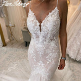 Runhufu Spaghetti Straps Wedding Dresses V-Neck Mermaid Sleeveless Backless Bride Gown Lace Appliques Zipper Vestidos De Noiva