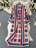 Runhufu Summer Holiday Beach Long Cardigans Spring Fashion Vintage Floral Knit Cardigan Streetwear Loose Hollow Out Overcoat