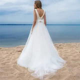 Runhufu beach wedding dress sexy sleeveless round neck tulle V-shaped back with bow formal Bohemian bridal dress custom new