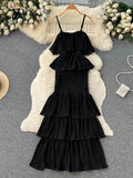 Runhufu 2024 Women Hotsweet Chiffon Sundress Strap Cake Backless Sheath Bodycon Long Dress Vacation Retro Elastic Beach Dress