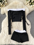 Runhufu Fashion Sexy Two Pieces Suits Bandage One Shoulder Long Sleeve Short Tops+High Waist Shorts Women Hotsweet Casual Suit