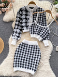 Runhufu Fashion Plaid Knitted Three Pieces Suits Autumn Button Cardigan Top+Mini Camis+Elastic Short Skirt Women Sweater Sets