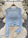 Runhufu Letter Beadings Women Blouse O Neck Long Sleeves 2024 Autumn Fashion Senior Streetwear Hotsweet T Shirt Sheer Y2K Tops