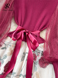 Runhufu Senior Knitted Patchwork Dress Long Lantern Sleeves Bow Mesh Embroidery Floral Women Autumn France Elegant Party Dress
