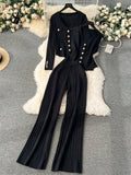 Runhufu Senior Knitted Suits Fashion Metal Button Vest+V Neck Long Sleeves Cardigans+Wide Legs Pants Stripe Three Pieces Sets