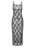 Runhufu Spaghetti Strap See Through Midi Dress Women Black Sexy Sheer Mesh Lace Floral Dresses Chic Y2K Beach Outfits Vestidos