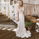 Runhufu Lace O Neck Sleeveless Sheath Boho Wedding Dress For Women Open Back Sweep Train Civil Bridal Gown