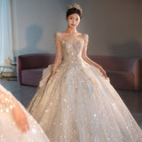 runhufu Long Sleeve Beading Wedding Dress Sexy See Through Square Collar Luxury Sweep Train Winter Bridal Gowns Vestido De Noiva