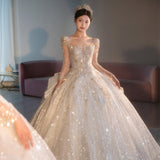 Runhufu Long Sleeve Beading Wedding Dress Sexy See Through Square Collar Luxury Sweep Tain Winter Bridal Gowns Vestido De Noiva