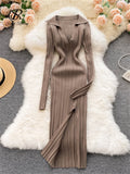 Runhufu Women Korean Knitted Dress Long Sleeve V Neck Elastic Slim Pencil Dresses 2024 Autumn Sexy Bodycon Split Sweater Dress