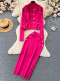 Runhufu Winter Fashion Knitted Suits Women Slim Knit Vest+Elastic Long Skirt+Warm Cardigans 2024 OL Sweater Three Pieces Sets