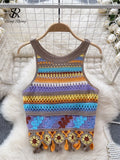 Runhufu Bohemian Rainbow Knit Tops Y2k Hooked Flower Hollow Out Sleeveless Sweet Summer Women Holiday Beachwear Colorful Camis