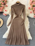 Runhufu Women Pleated Knitted Dress Turtleneck Long Sleeve Elastic Slim Pencil Dress Autumn Winter Sexy Bodycon Sweater Dress