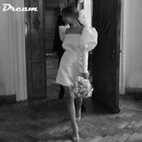 Runhufu Long Bubble Sleeves Satin Micro Wedding Dress Simple Square Neck Above Knee Mini Length Retro Bridal Gowns