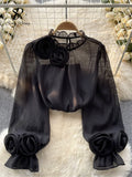Runhufu Ruffles Sweet Sheer Blouse O Neck Long Sleeves 3D Floral Loose Top Korean Style Streetwear Vintage OL Casual Shirt