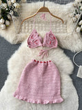 Runhufu Summer Knitted Beach Two Pieces Sets 2024 Sleeveless Strap Top+Mini Skirt Sets Strawberry Sweet Ruffles Vacation Suits