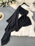 Runhufu Diagonal Collar Irregular Dress Single Loose Flare Sleeve Backless Belt Fashion Streetwear Female 2024 Spring Dress