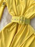 Runhufu Diagonal Collar Irregular Dress Single Loose Flare Sleeve Backless Belt Fashion Streetwear Female 2024 Spring Dress