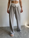 Runhufu Women High Waist Casual Straight Leg Pants Fashion Lapel Top Patchwork Zip Button Loose Long Trousers Chic Fall Bottoms