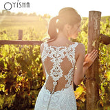 Runhufu New Sexy V-Neck Tulle Lace Bride Mermaid Wedding Dress Appliques Backless Sleeveless Customized Button Boho Sweep Train